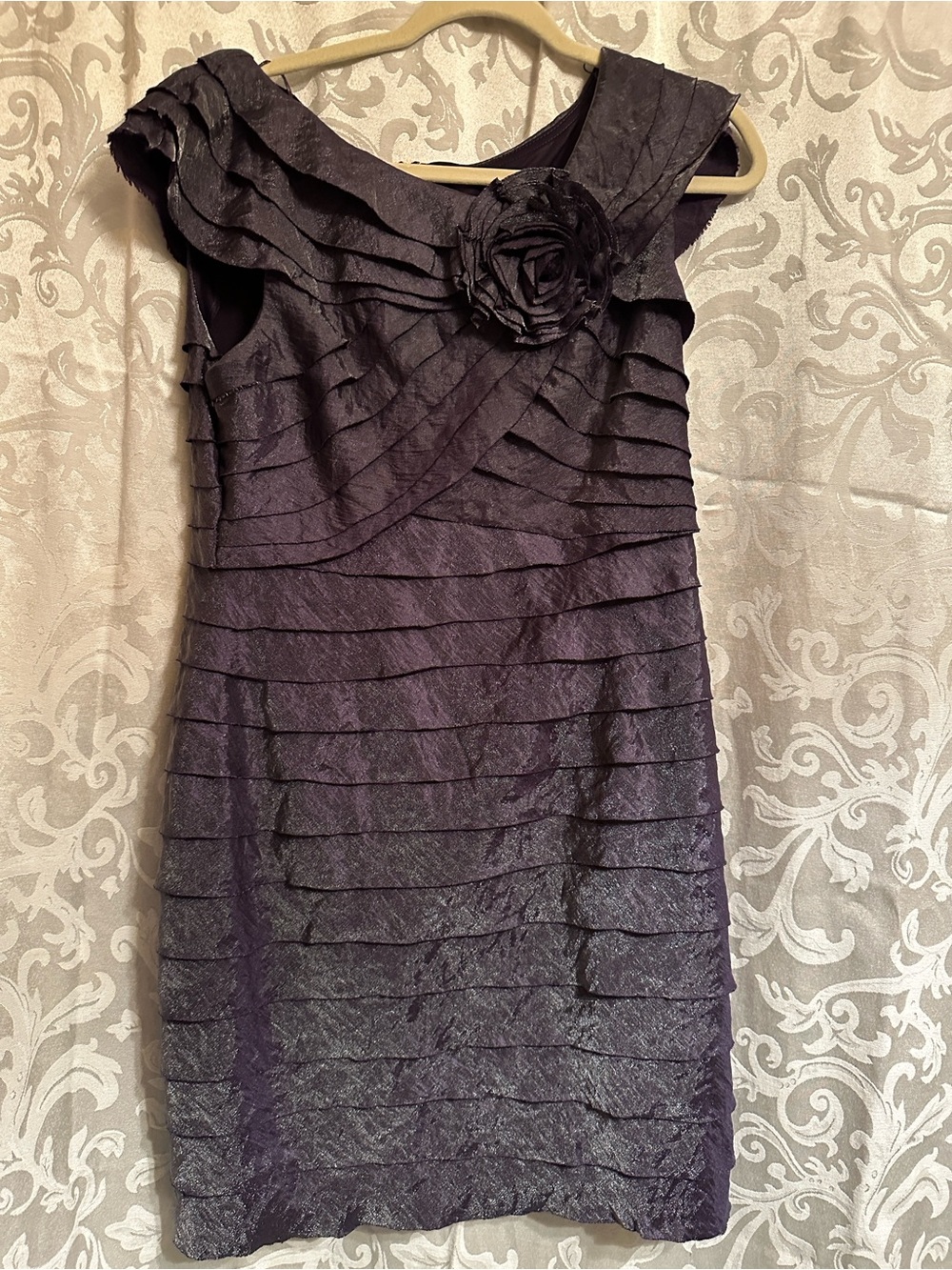 London Times Deep Purple Tiered Ruffle Midi Dress with Rosette